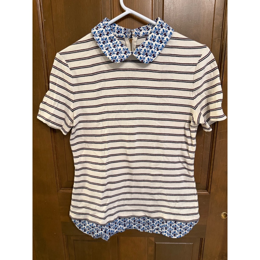 Tory Burch Striped Floral Peter Pan Collar Top Gold Zip Back Cream Blue 11142135